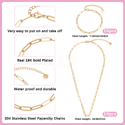 20Pcs 2 Styles 304 Stainless Steel Cable Chain Bracelets & Necklaces Sets for Women SJEW-BM0001-04-1