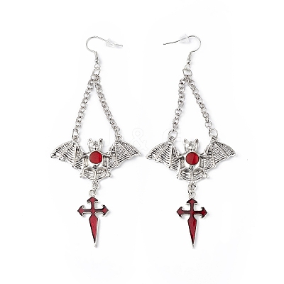 FireBrick Enamel Bat with Cross Pendant Necklace & Dangle Earrings SJEW-G081-03AS-1