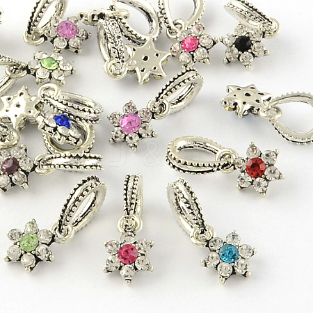 Flower Antique Silver Tone Alloy Rhinestone European Dangle Charms MPDL-S034-M-1