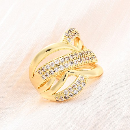 Brass Micro Pave Clear Cubic Zirconia Cuff Rings RJEW-U047-13G-1