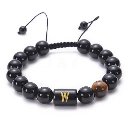 10MM Natural Black Onyx(Dyed & Heated) and Tiger Eye Alphabet Round Braided Bead Adjustable Bracelets for Women DM6424-23-1