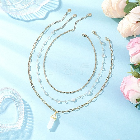 Natural Quartz Crystal Double Terminated Pointed Bullet Pendant 304 Stainless Steel & Brass Chain 3 Layer Necklaces for Women NJEW-JN05477-03-1