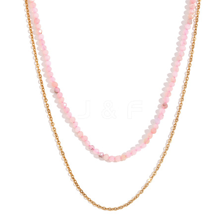 18K Gold Plated Stainless Steel & Natural Pink Opal Beaded Double Layer Necklaces for Women QW1726-4-1