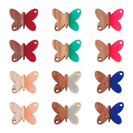 12Pcs 6 Colors Opaque Resin & Walnut Wood Connector Charms RESI-TA0002-70-1