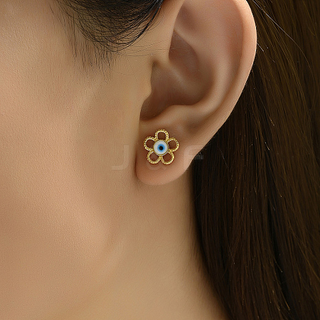 Fashionable Stainless Steel Flower with Evil Eye Stud Earrings GJ3560-1