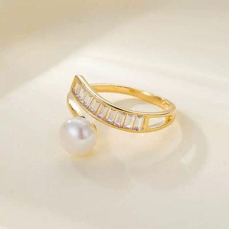 Natural Freshwater Pearl with Clear Cubic Zirconia Cuff Rings WGACE42-26-1