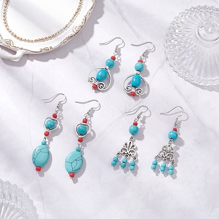3 Pairs Tibetan Style Alloy Synthetic Turquoise Dangle Earrings EJEW-JE06575-1