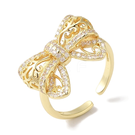 Bowknot Brass Micro Pave Clear Cubic Zirconia Open Cuff Rings for Women RJEW-C098-24G-1