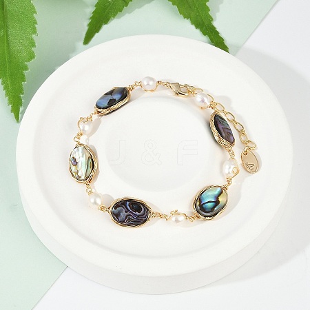 Oval Brass Abalone Shell Link Bracelets KK-D301-01G-1