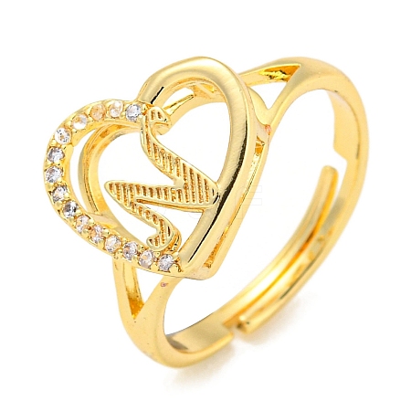 Heart with Letter Rack Plating Brass Micro Pave Cubic Zirconia Adjustable Rings for Women RJEW-I105-06G-N-1