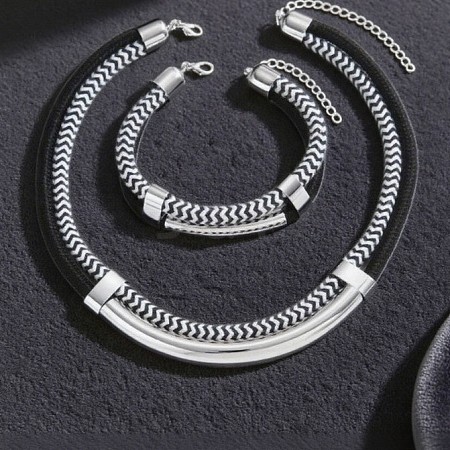 Alloy Polyester Black White Necklace & Bracelet Set FS-WG59022-02-1