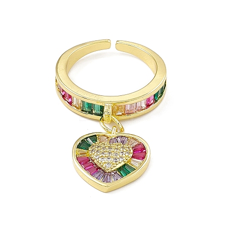 Colorful Cubic Zirconia Heart Charms Open Cuff Ring RJEW-I091-10G-1