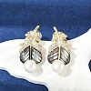 Feather Brass Clear Cubic Zirconia Stud Earrings KK-D301-12G-5