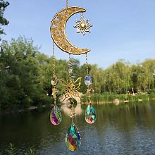 Natural Yellow Quartz Chip & Metal Moon Hanging Suncatchers PW-WG15083-06