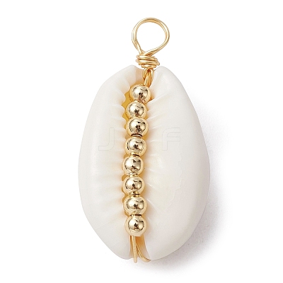Natural Cowrie Shell Copper Wire Wrapped Pendants PALLOY-JF02277-01-1