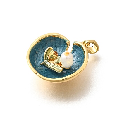 Brass Teal Enamel Leaf Pendants KK-K398-13G-1