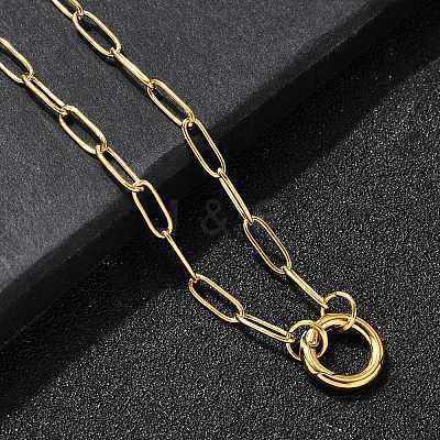 304 Stainless Steel Ring Pendant Paperclip Chain Necklaces for Women NJEW-Z091-02G-1