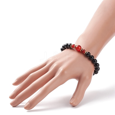 Natural Red Agate Carnelian(Dyed & Heated) & Black Onyx Round Beaded Stretch Bracelet BJEW-JB08642-1