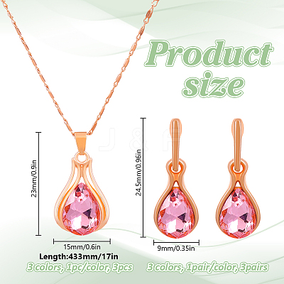 3 Colors Rhinestone Teardrop Dangle Stud Earrings & Pendant Necklace SJEW-HY0001-23-1