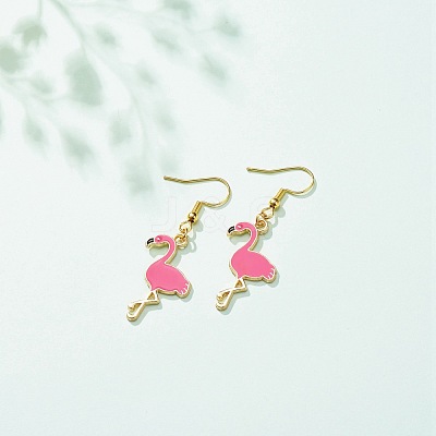 Deep Pink Enamel Flamingo Dangle Earrings EJEW-JE04969-1