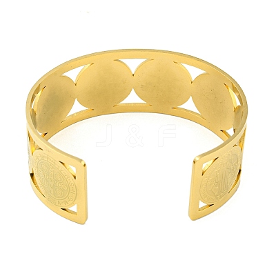 304 Stainless Steel Wide Hollow Saint Benedict Medal Open Cuff Bangles BJEW-S154-01G-1