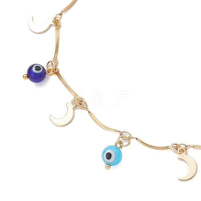 Handmade Evil Eye Lampwork & Stainless Steel Moon Tassel 304 Stainless Steel Curved Bar Link Chain Anklets for Women AJEW-AN00742-01-1