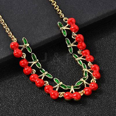 Brass Red Enamel Fruit Link Chain Necklaces NJEW-K287-04A-G-1