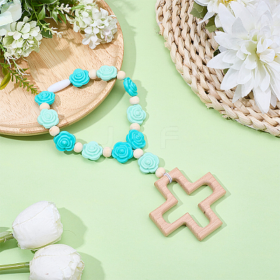 Wood & Silicone Rose Beads Hanging Ornametns HJEW-BM00073-1