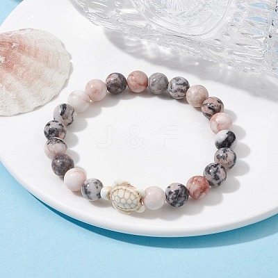 Natural Pink Zebra Jasper & Howlite Turtle Beaded Stretch Bracelets BJEW-JB09831-1