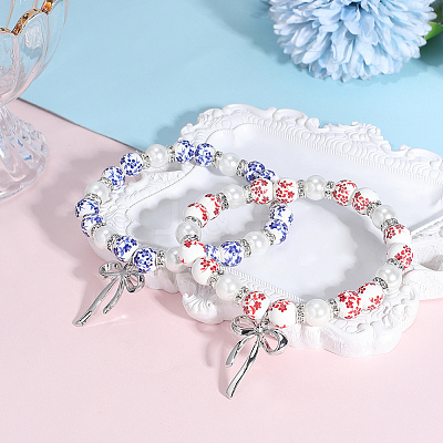2Pcs 2 Colors Printed Porcelain & Glass Pearl Beaded Stretch Bracelets for Women BJEW-PA0001-11-1
