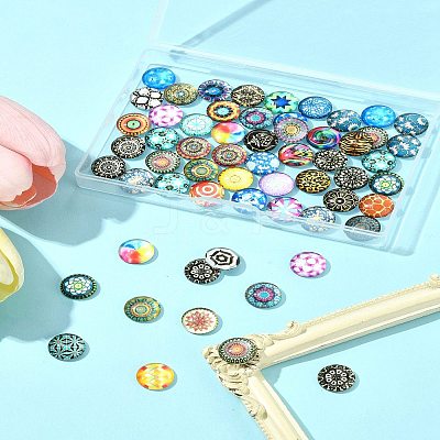 60Pcs Printed Glass Half Round Cabochons GGLA-FS0001-14-1