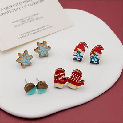 4 Pairs Snowflake & Glove & Christmas Gnome Printed Wood Stud Earrings EJEW-OY001-04-1