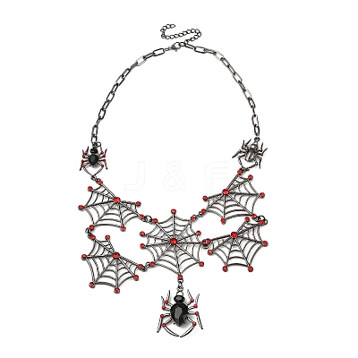 Halloween Spider Web Alloy Siam Rhinestone Bib Necklaces for Women NJEW-P340-01B-1