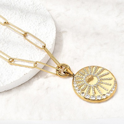 304 Stainless Steel Crystal Rhinestone Sun Pendant Paperclip Chain Necklaces for Women NJEW-G199-03G-1