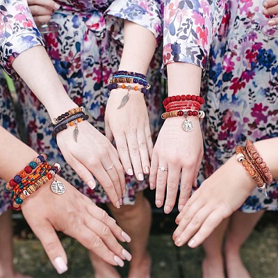 5Pcs 5 Style Wood & Glass Seed & Acrylic Beaded Stretch Bracelets Set with Baseball JB709C-1