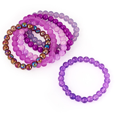 6Pcs 6 Styles 8mm Glass Round Beaded Stretch Bracelet Sets BJEW-TAC0022-1
