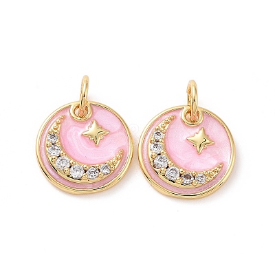 Flat Round with Moon & Star Brass Micro Pave Clear Cubic Zirconia Charms LS-KK-G435-41G-1