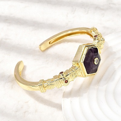 Hexagon Brass Pave Natural Amethyst & Cubic Zirconia Cuff Bangles for Women BJEW-Z172-01G-09-1
