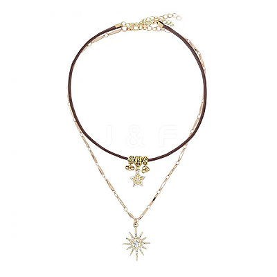 Zinc Alloy Crystal Rhinestone Sun Star Pendant PU Leather Cord Double Layer Necklaces for Women FS-WGD520A-01-1