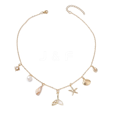 Summer Beach Brass Clear Cubic Zirconia & Shell Pearl & Spiral Shell Bib Necklaces NJEW-TA00182-1