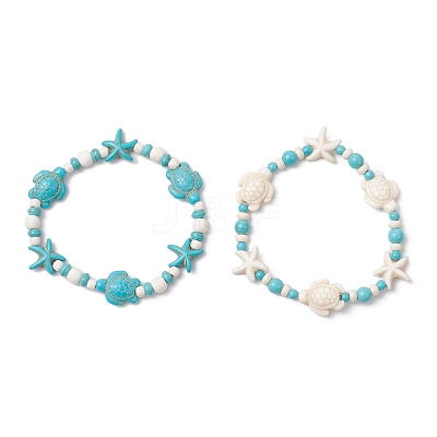 2Pcs Starfish & Turtle Synthetic Turquoise Beads Stretch Bracelets for Women BJEW-JB11921-1