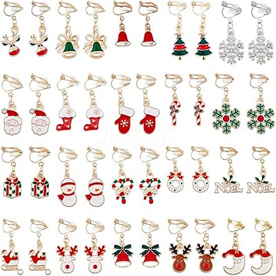 20Pairs 20 Styles Christmas Tree & Bell & Deer & Snowman Enamel Dangle Clip-on Earrings EJEW-AN0003-39-1