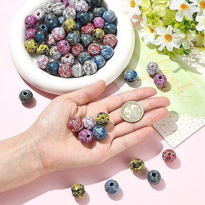 32Pcs 8 Colors Bohemian Style Printed Schima Wood Beads WOOD-YW0001-93-1