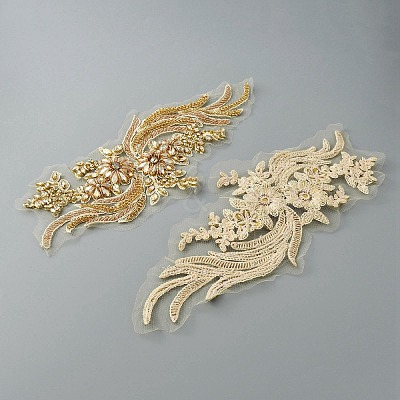 Phoenix Tail Pattern Glass Rhinestone & Mesh Base Fabrics Handwork Embroidery Cloth Sew on Appliques PATC-WH0009-02C-1