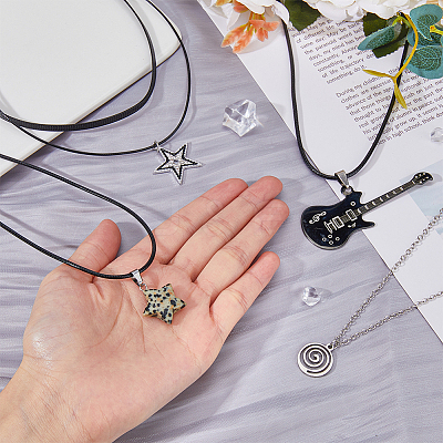 4Pcs 4 Style Star & Guitar Natural Dalmatian Jasper & Alloy Pendant Necklaces Set with Waxed Polyester Cords NJEW-FI0001-16-1