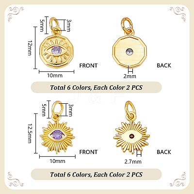 24Pcs 12 Styles Brass Micro Pave Cubic Zirconia Pendants KK-PH0012-97-1