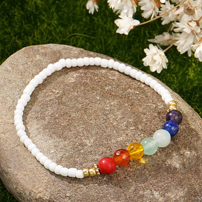 Natural & Synthetic Gemstone & Glass Seed Beads Stretch Bracelets for Women CR6398-1