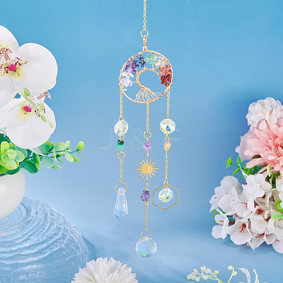 1Pc Wire Wrapped Alloy & Natural Mixed Stone Tree of Life Hanging Suncatchers HJEW-TA0001-46C-1