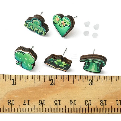 20Pcs 5 Style Saint Patrick's Day Green Wood Stud Earrings EJEW-FS0001-11-1