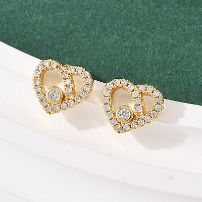 Brass Micro Pave Clear Cubic Zirconia Heart Stud Earrings EJEW-F400-28B-G-1